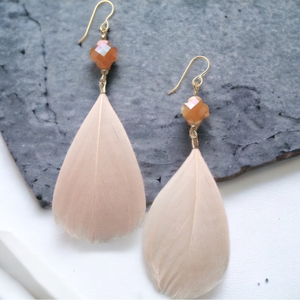 Blush Feather Earrings Clover Rhinestone Boho Pink